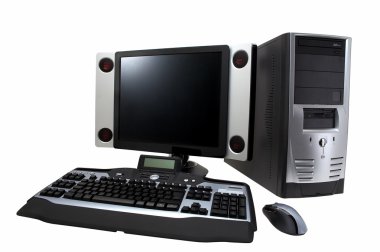 lcd monitör, klavye, hoparlör ve fare ile masaüstü bilgisayar, 
