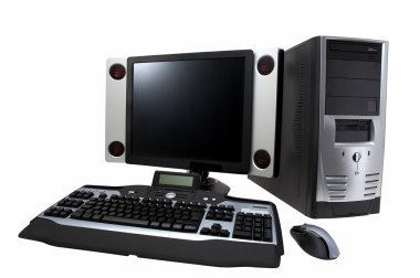 desktop computer with lcd monitor, keyboard, speaker and mouse,  clipart