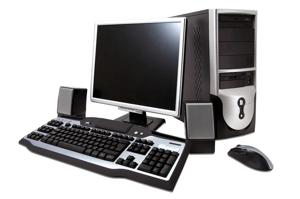 Ordinateur de bureau avec moniteur lcd, clavier, haut-parleur et souris , — Photo