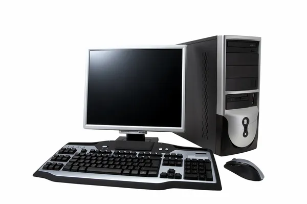 Komputer stacjonarny z lcd monitor, klawiatura i mysz na białym tle — Zdjęcie stockowe