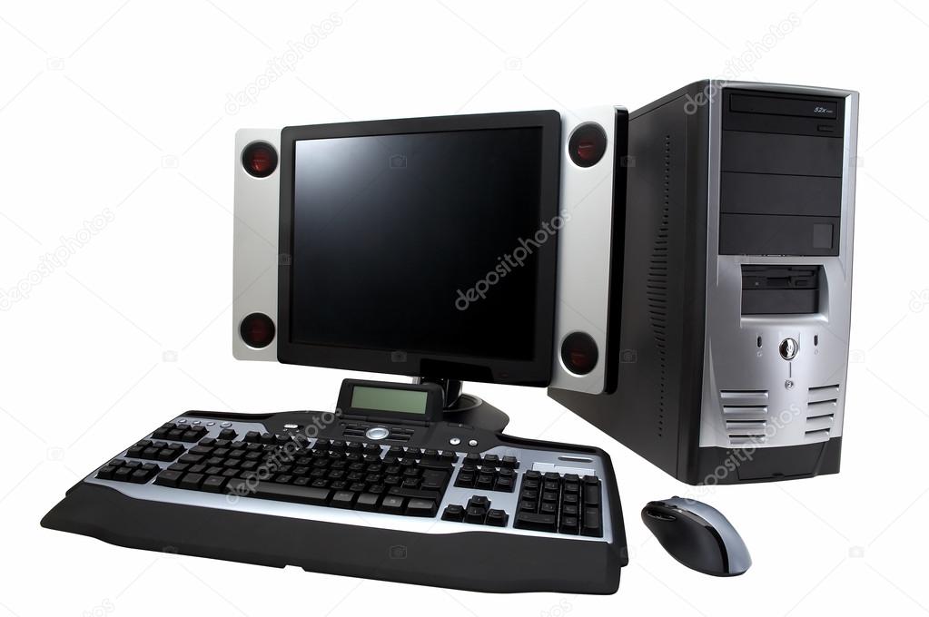 desktop computer with lcd monitor, keyboard, speaker and mouse, 