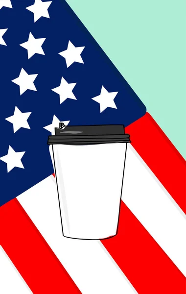 Närbild Amerikansk Flagga Med Kaffepapper Kopp Grön Bakgrund Mockup Kaffepapper — Stock vektor