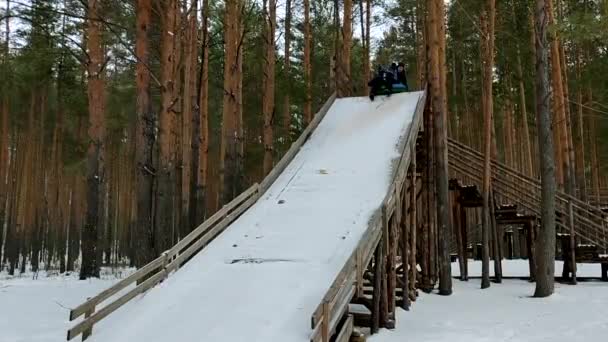 父と息子は大きなスライドをオフに雪のチューブに乗る。家族は冬に積極的に歩く. — ストック動画