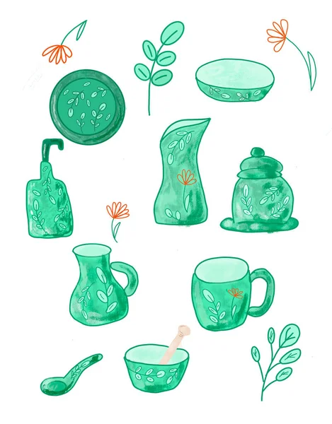 Zestaw pięknych zielonych ceramicznych naczyń kuchennych. Ręcznie robione nowoczesne zastawy stołowe, stylowe naczynia kuchenne. — Zdjęcie stockowe
