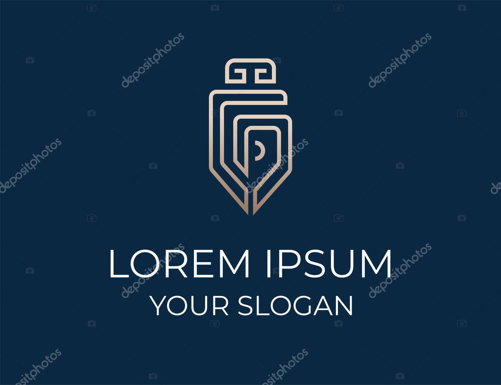 Close up of bronze feather. Pen icon. Logo for business or law firm. Vector, Illustration.