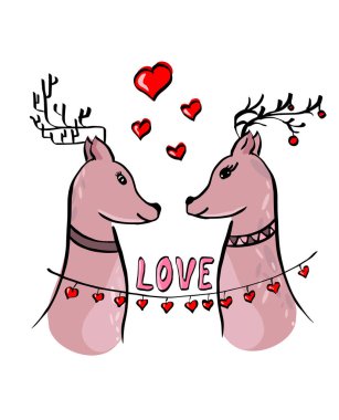 Üzerinde İskandinav geyiği olan sevgililer günü kartı. Sevgililer Günü konsepti. Çocuklar için şirin bir illüstrasyon.