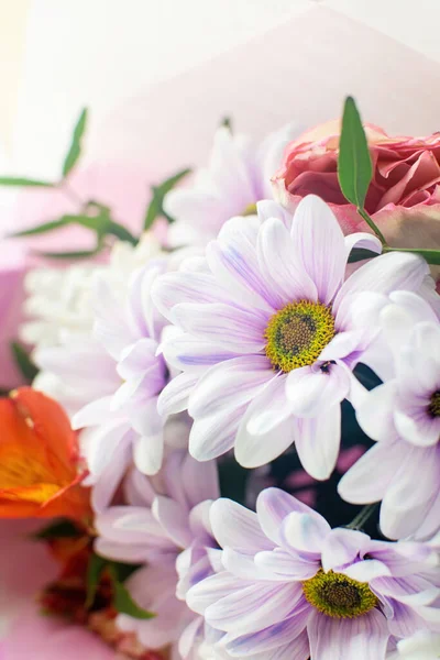 Delikat bukett med vita och lila krysantemum. — Stockfoto