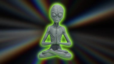 Nilüfer pozisyonunda oturup meditasyon yapan uzaylılar karanlık arka planda oturuyorlar.