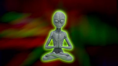 Nilüfer pozisyonunda oturup meditasyon yapan uzaylılar karanlık arka planda oturuyorlar.