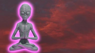 Kırmızı arkaplanda lotus pozisyonunda oturmuş meditasyon yapan bir uzaylı.
