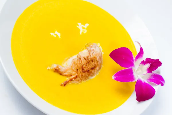 Pumpkin soup with lobster — Stock Photo, Image