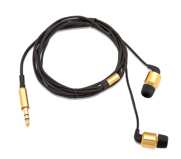 Modern portable gold audio earphones isolated on a white — Stock Photo, Image