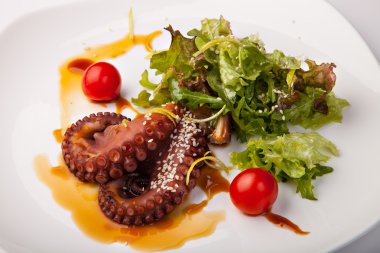 lezzetli ahtapot salata meze tabağı üzerinde yeşil salata ile