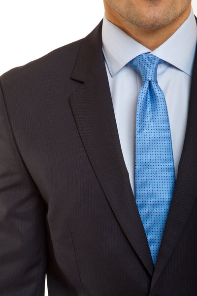 Grey suit with blue tie