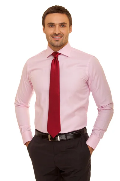 Homem bem vestido de fato e gravata. Empresário carismático em pé sobre fundo branco — Fotografia de Stock