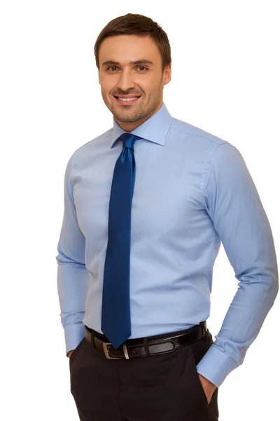 Homem bem vestido de fato e gravata. Empresário carismático em pé sobre fundo branco Imagem De Stock