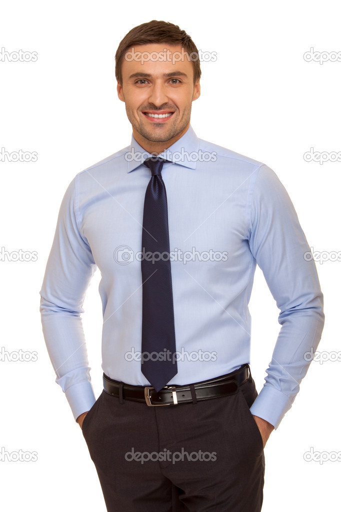 Well-dressed man in suit and tie. Charismatic businessman standing on white background