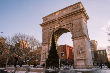 The arch at Washington Square Park in winter, Greenwich Village, Manhattan, New York. Winter view of the Washington Square Park with a Christmas Tree