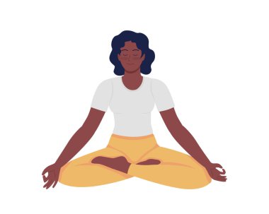 Meditasyon yapan kadın yarı düz renk vektör karakteri. Oturan bir figür. Beyazın üzerinde tam vücut insan. Sakin sakin bayan, grafik tasarım ve animasyon için modern çizgi film stili çizimlerini izole etti
