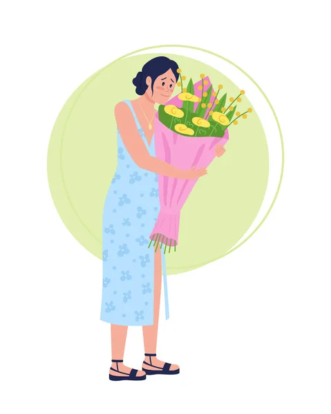 Happy Woman Bouquet Semi Flat Color Vector Character Posing Figure — Stock Vector