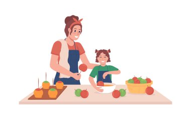 Çocuklu anne yarı düz renk vektör karakterler pişiriyor. Poz figürleri. Beyazın üstüne tüm vücudu olan insanlar. Elma şekeri yapmak grafik tasarım ve animasyon için modern çizgi film stili çizimi izole etmek