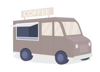 Kahve kamyonu yarı düz renk vektör nesne. İçki satıyorum. Beyaz üzerine tam boy gerçekçi malzeme. Minibüsteki Espresso çubuğu grafik tasarım ve animasyon için izole edilmiş modern çizgi film stili çizimi