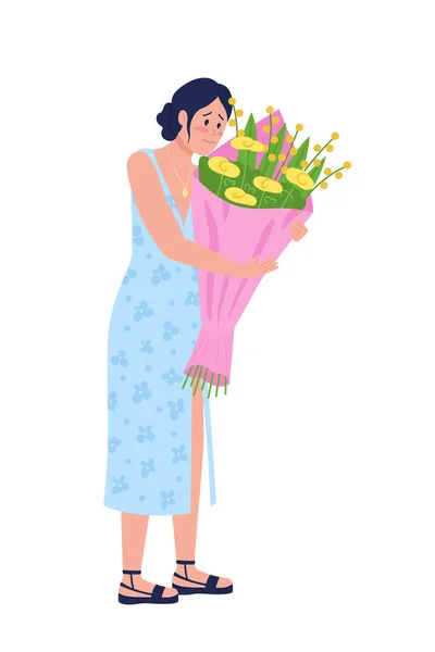 Happy Woman Bouquet Semi Flat Color Vector Character Posing Figure — Stock Vector