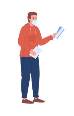 Yüzü maskeli yolcu yarı düz renk vektör karakteri. Erkek figürü. Beyazın üzerinde tam vücut insan. Güvenlik kuralı, grafik tasarım ve animasyon için modern çizgi film stili illüstrasyonunu izole etti