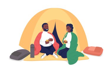 Yarı düz renk vektör karakterlere kamp yapan ortaklar. Poz figürleri. Beyazın üstüne tüm vücudu olan insanlar. Grafik tasarım ve animasyon için izole edilmiş modern çizgi film stili çizimlerini bir araya getirmek