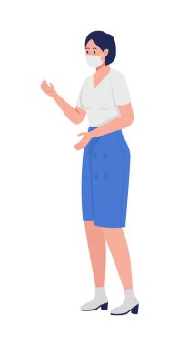 Yüz maskeli kadın yönetici yarı düz renk vektör karakteri. Ayakta duran figür. Beyazın üzerinde tam vücut insan. Grafik tasarım ve animasyon için yeni normal izole edilmiş modern çizgi film stili çizimi