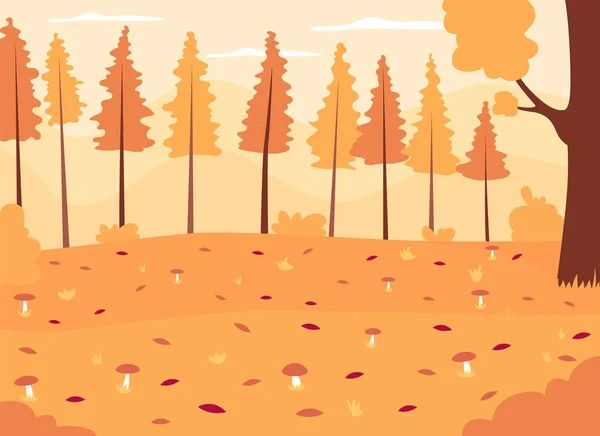 Осенний Лес Плоский Цветовой Вектор Иллюстрации Сезонный Пейзаж Растущими Грибами — стоковый вектор