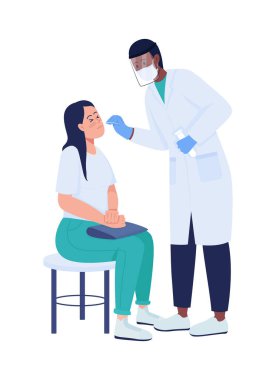 Doktor yarı düz renk vektör karakterini kontrol ediyor. Çeşitli şekillerde. Beyazın üstüne tüm vücudu olan insanlar. Sağlık testi, grafik tasarım ve animasyon için modern çizgi film stili çizimini izole etti