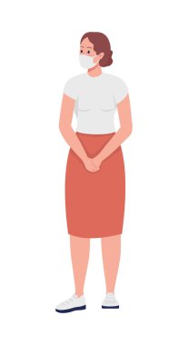 Yüz maskeli kadın yarı düz renk vektör karakteri. Ayakta duran figür. Beyazın üzerinde tam vücut insan. Grafik tasarım ve animasyon için yeni normal izole edilmiş modern çizgi film stili çizimi