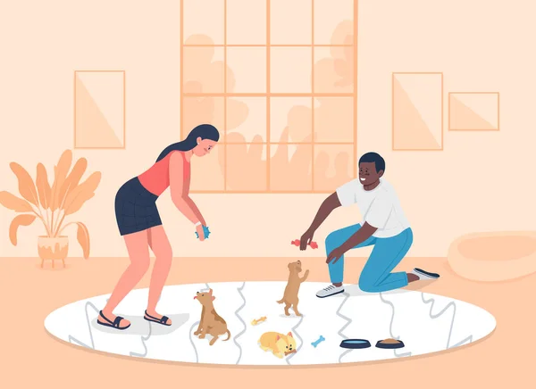 子犬フラットカラーベクトルイラストを採用しています アパートで救助犬と遊ぶ女と男 動物の世話だ 背景にオレンジ居心地の良いホームインテリアとカップル2D漫画のキャラクター — ストックベクタ