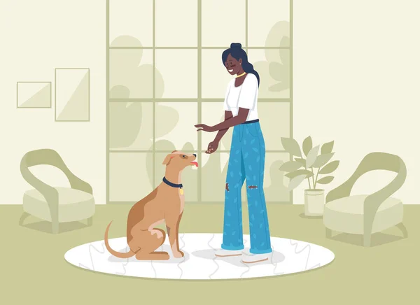 家畜フラットカラーベクトルイラストを訓練 所有者はラブラドールのトリックを教える 子犬の女の子 幸せなアクティブ女性2D漫画のキャラクターとともに緑の住宅のインテリア上の背景 — ストックベクタ