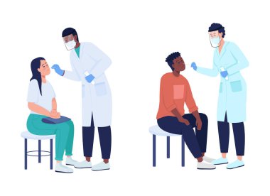 Doktor hastayı yarı düz renk vektör seti için test ediyor. Beyazın üstüne tüm vücudu olan insanlar. Grafik tasarım ve animasyon koleksiyonu paketi için sağlık izole modern çizgi film stili çizimi