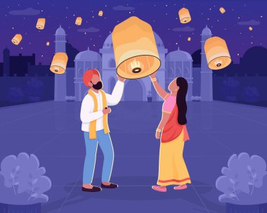 Geleneksel Diwali kutlaması düz renk vektör çizimi. Kültürel tatil. Işık fenerleri. Ulusal giysili evli bir çift. Arka planda gece manzaralı 2D çizgi film karakterleri.