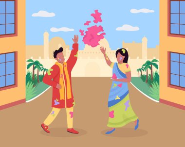 Holi festivali düz renk illüstrasyonunu kutluyoruz. Hindistan 'da geleneksel tatil. Geleneklerin tadını çıkarın. Dans eden neşeli çift. Arka planda şehir sokakları olan 2D çizgi film karakterleri.