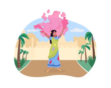 Holi 2D vektör izole edilmesini kutluyoruz. Renkler Festivali 'nde dans. Çizgi film arka planında, Sari düz karakterli mutlu bir kadın. Geleneksel Hint bayramı renkli sahnesi