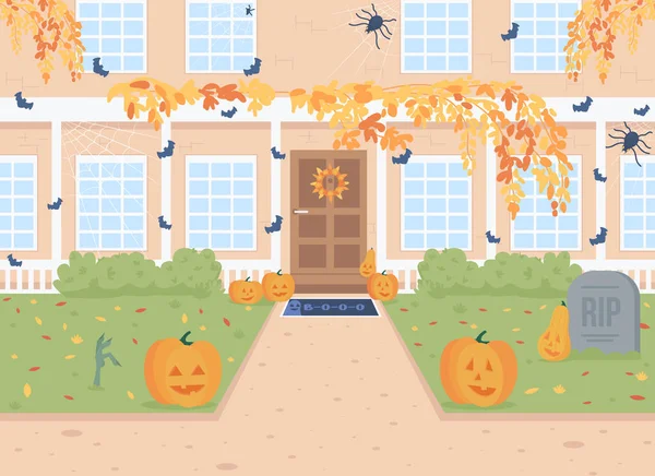 Halloween Nappali Ház Elülső Lapos Színű Vektor Illusztráció Töklámpások Gyepen — Stock Vector