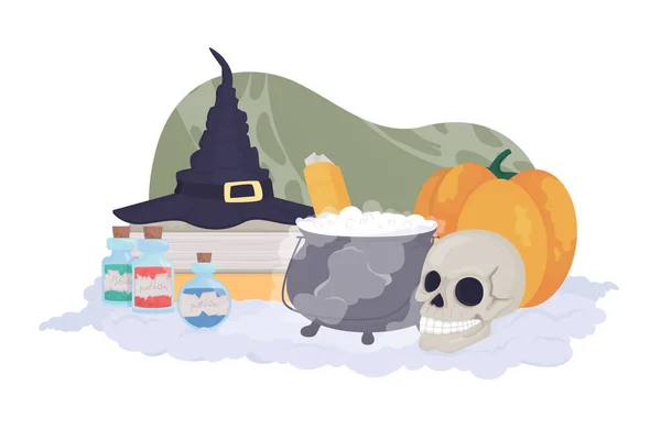 Dekorasi Penyihir Halloween Vektor Ilustrasi Terisolasi Topi Penyihir Cauldron Dengan - Stok Vektor