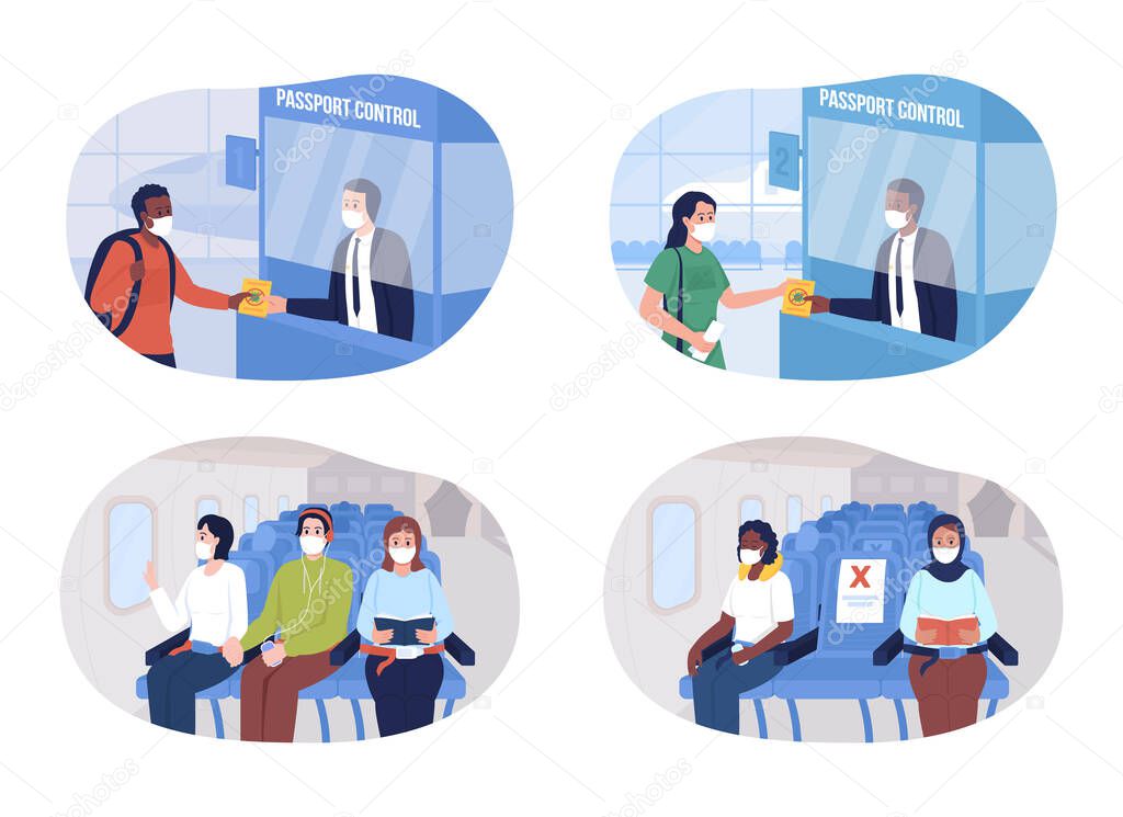 Health safety precaution in airport 2D vector isolated illustration set. Passengers and passport control workers in face masks flat characters on cartoon background. Travel colourful scene