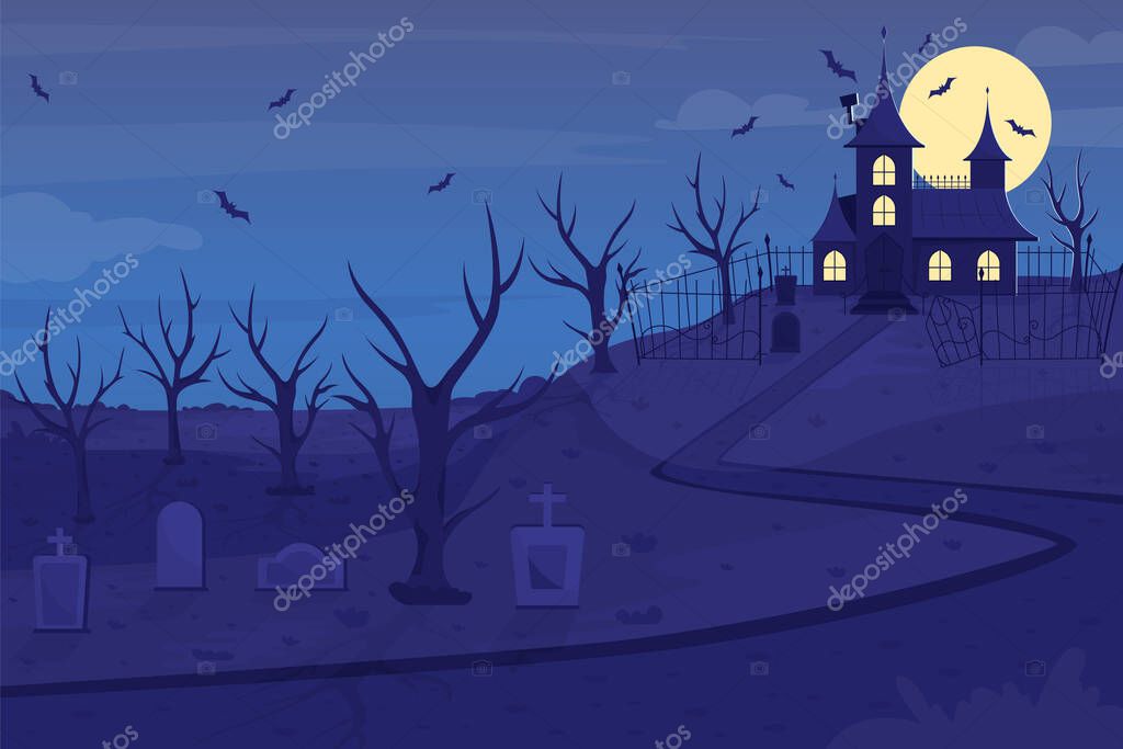  Mansión embrujada en la ilustración plana del vector de color de la colina. Noche de Halloween. Escena de miedo. Ominosa finca por la noche rodeada de cementerios. Espeluznante paisaje de dibujos animados