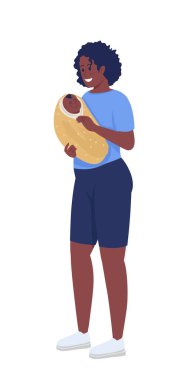 Yarı düz renk vektör karakterli mutlu bir anne. Ayakta duran figür. Beyazın üzerinde tam vücut insan. Grafik tasarım ve animasyon için annelik izole edilmiş modern çizgi film stili çizimi