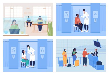 Covid güvenlik düz renk vektör illüstrasyon seti. Ofis koruması. Doktor hastayı kontrol ediyor. Havaalanı güvenliği. Yüz maskeli insanlar 2D çizgi film karakterleri. Arka planda iç mekan koleksiyonu olan.