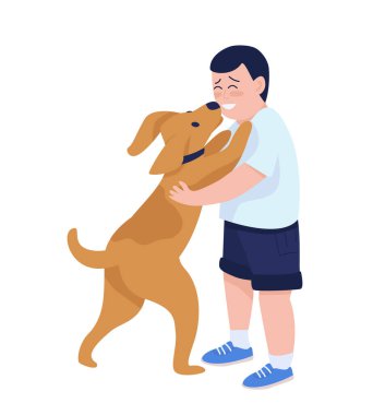 Çocuk köpek yarı düz renk vektör karakteriyle oynuyor. Beyazın üzerinde tam vücut insan. Evcil hayvanlarla oyun zamanı grafik tasarım ve animasyon için modern çizgi film stili illüstrasyonu