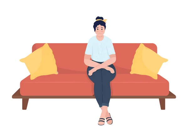 Sad Woman Sitting Couch Semi Flat Color Vector Character Stressed — Stock Vector