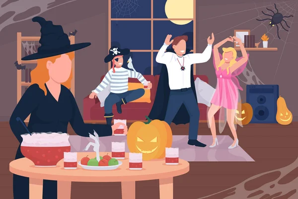 Halloween Domácí Party Plochý Barevný Vektor Ilustrace Lidé Kostýmech Baví — Stockový vektor