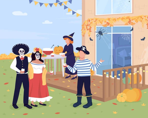 Хэллоуин Вечеринка Заднем Дворе Плоской Цветовой Иллюстрации Люди Едят Угощения — стоковый вектор
