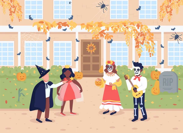 Gyerekek Halloween Jelmezek Lapos Színű Vektor Illusztráció Nyaralási Hagyomány Gyerekeknek — Stock Vector